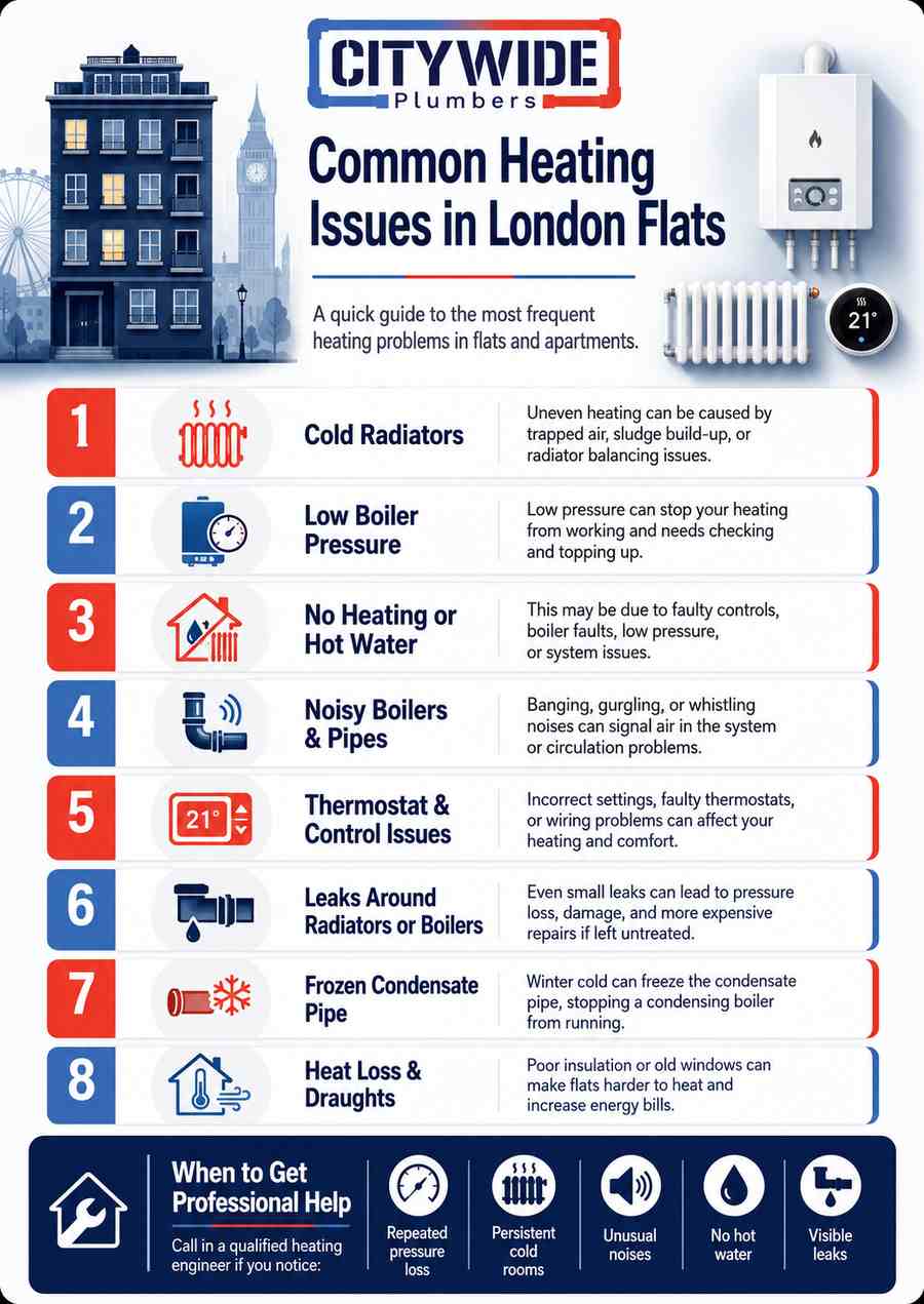 Common Heating Issues in London Flats infographic by Citywide Plumbers
